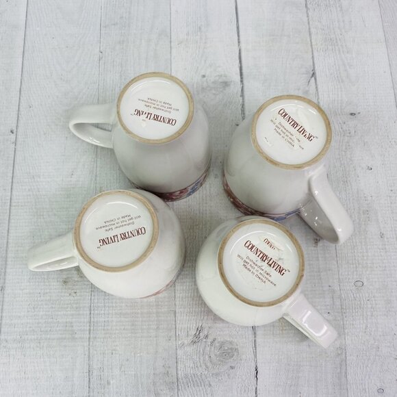 Country Living CUJ1 Center Red Rose Dot Stoneware White 16 oz Cups Mugs Set 4 - Picture 7 of 12